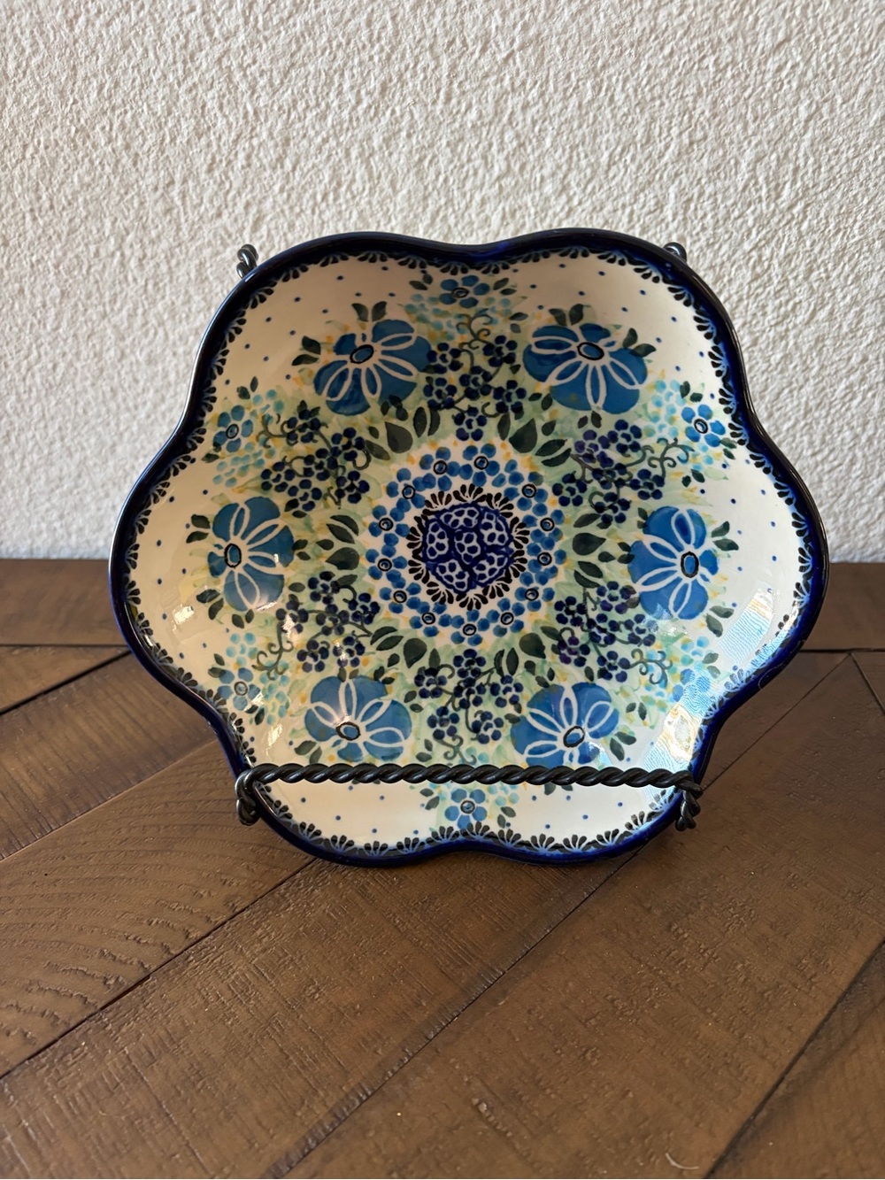 Polish Pottery Hand-Painted Blue Floral Ceramic Decorative Bowl Unikat